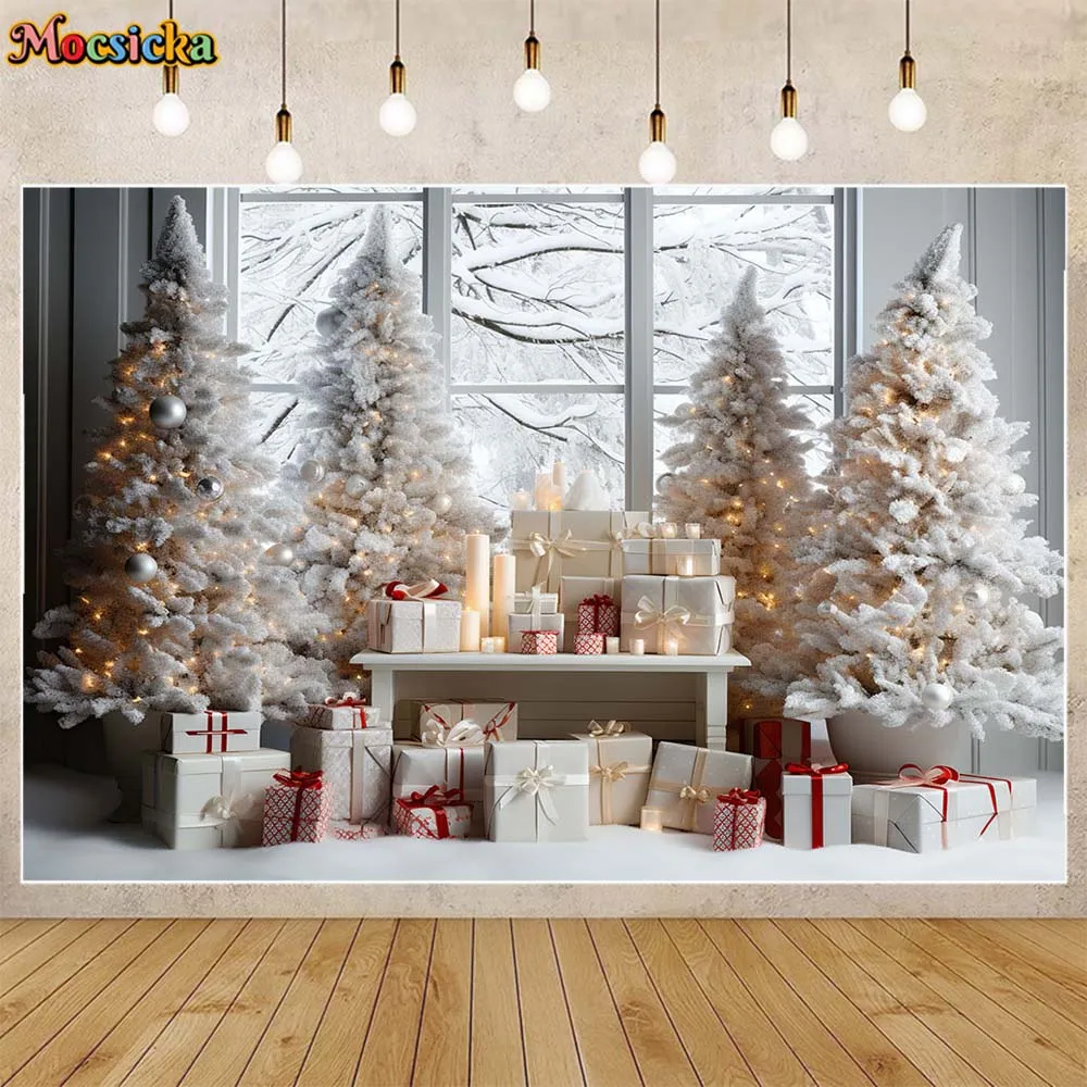 Moclicka jendela musim dingin salju putih pohon Natal latar belakang fotografi dekorasi pesta Natal anak-anak potret latar belakang Studio Photocall