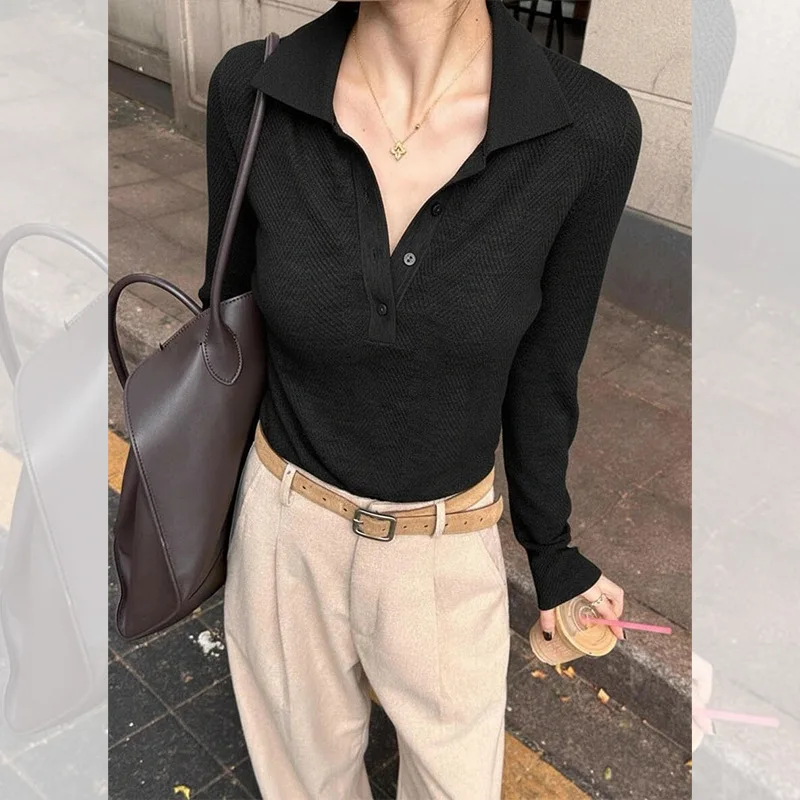 2026 New Autumn Winter Women Coffee Short Polo Collar Knitted Sweater Elegant Inner Basic Versatile Casual Daily Top 6