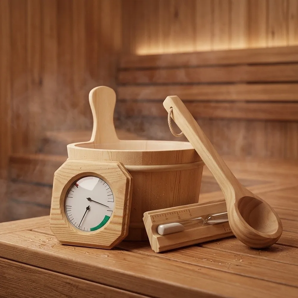 4‑Pcs Natural Pine Sauna Kit, Premium Relaxation Accessories With Water Tub Spoon Thermometer For Indoor Spa Bath