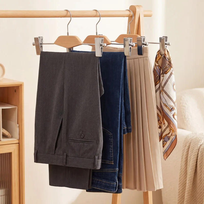 Beech Wood Metal Trouser Hanger,High-quality Smooth Hanger with Traceless Clip for Pants Storage,Multifunctional Skirt Organizer