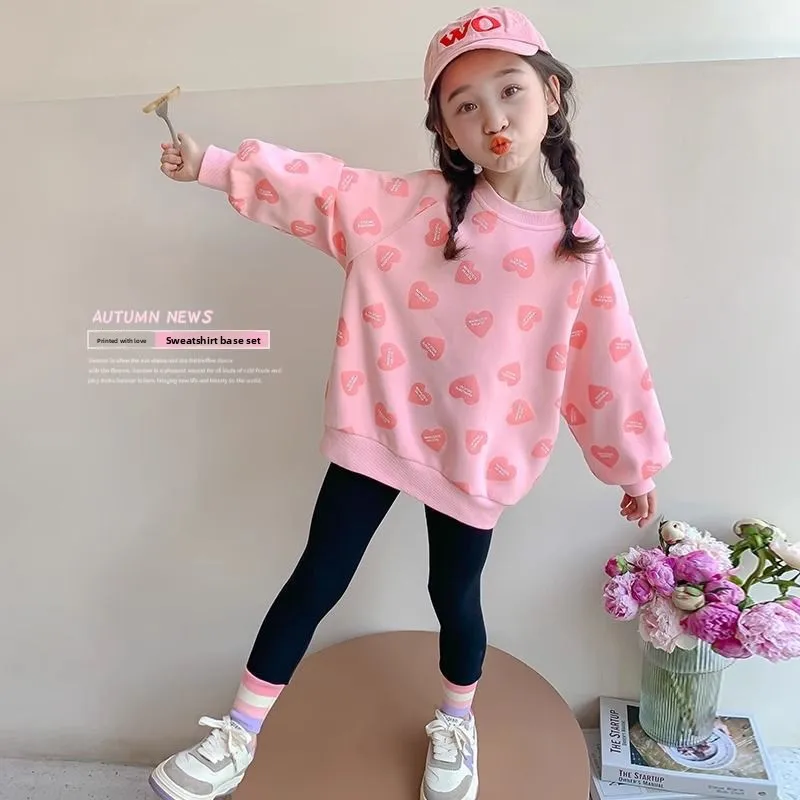 2026 Spring and autumn children's hoodie girls solid color full print love pullover long sleeve casual comfortable lovely shirt