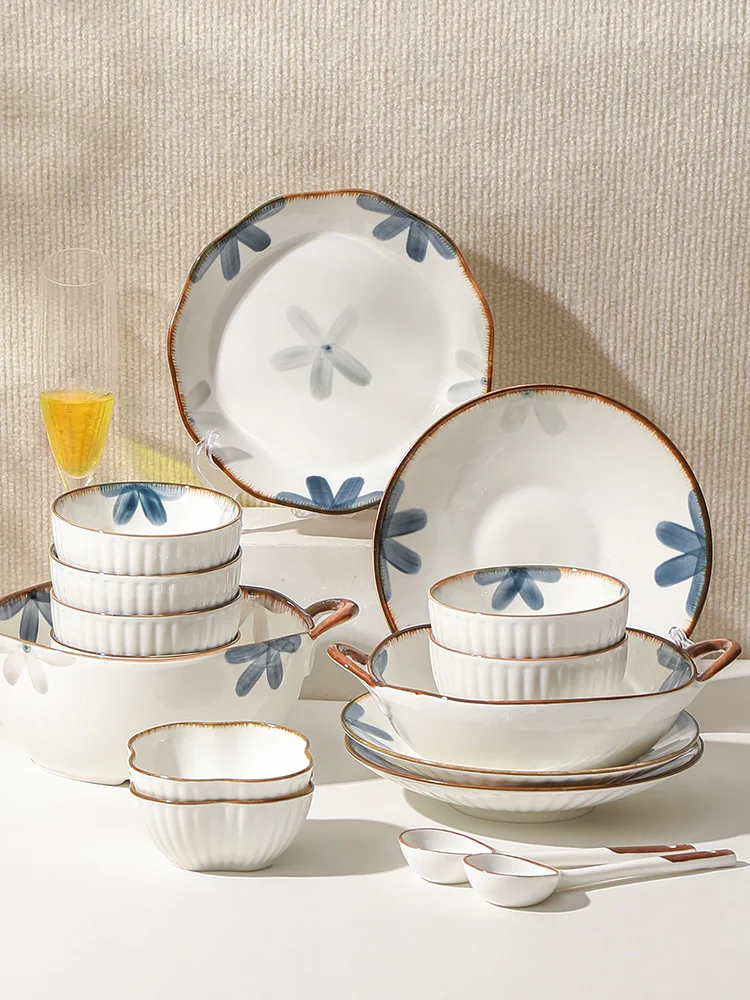 

WUXIN Japanese Sle Cerc Bowl Set Creative Dining Utensils Dinnerware Home Use Soup Plate Blue Color Plant Floral Pattern