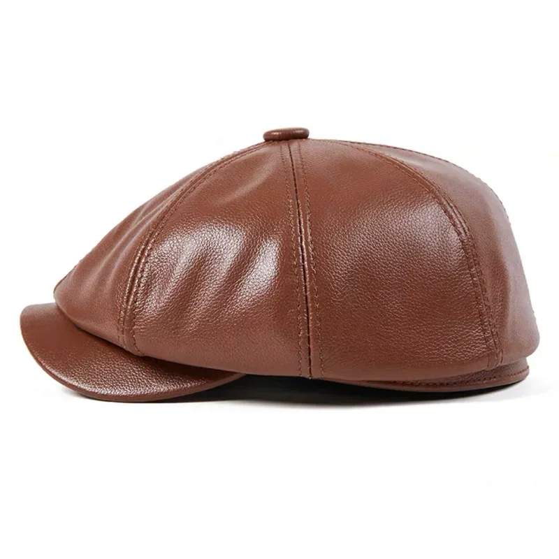 Retro New Genuine Leather Hat Cap Cowhide Beret Warm Cotton Men Padding Dark Brown/Black Duck Hat