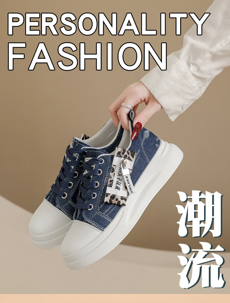 Neue Hip-Hop-Style Denim-Canvas-Schuhe Größe 43 Damen-Plimsolls mit Leoparden-Detail Niedrige Sneakers Damen Mode Freizeittrainer Turnschuhe – Detail 3