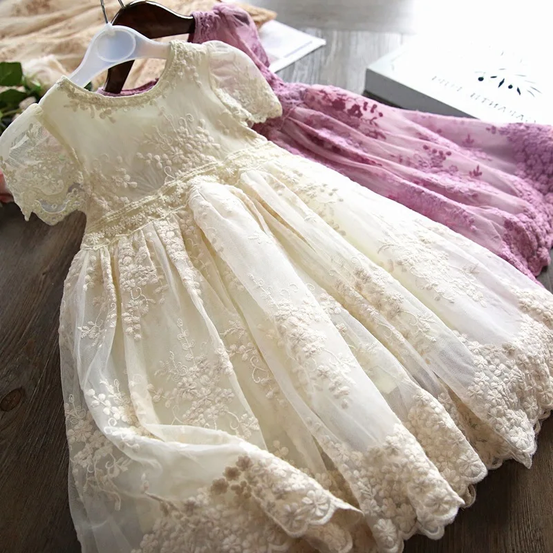 

2025 New Summer Children Girls Party Dress for Kids Short sleeve Solid Child Clothes Flower Girl Birthday Princess Dress 3-8Y