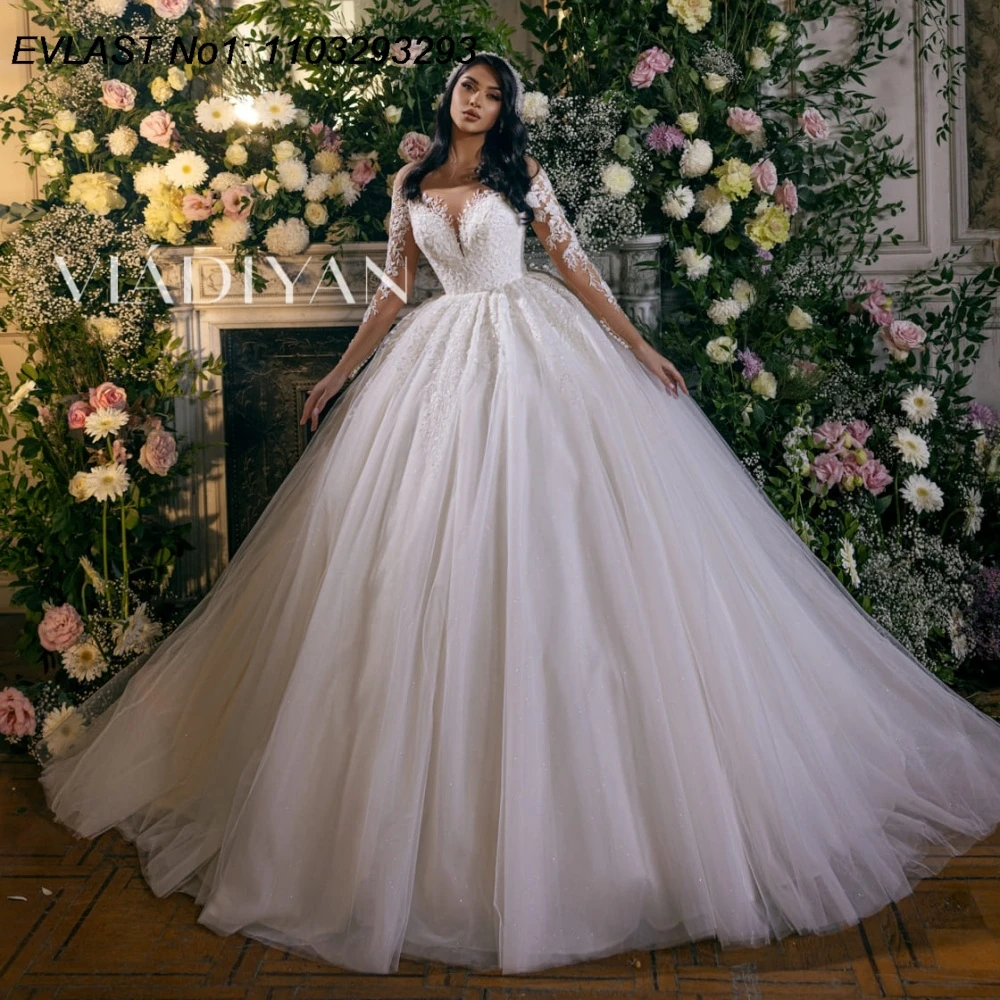 

EVLAST Customized Glitter 2026 A Line Wedding Dress Long Sleeve Lace Applique Beading Crystal Bridal Gown Robe De Mariee TBD154