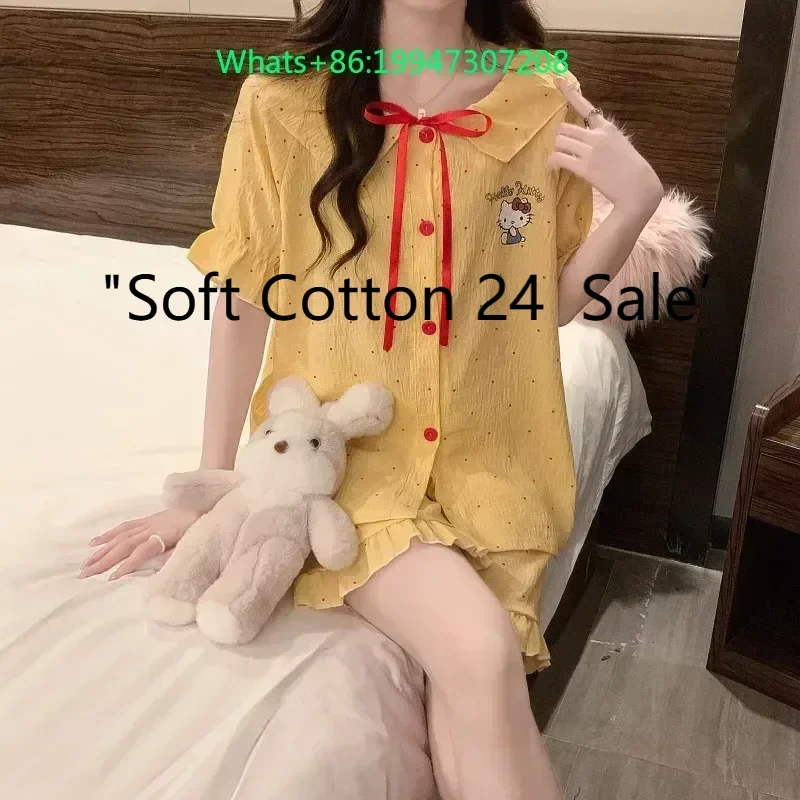 

Summer new yellow round neck with chest pad cartoon Hello Kitty pajamas cloud cotton sweet short-sleeved shorts loungewear set