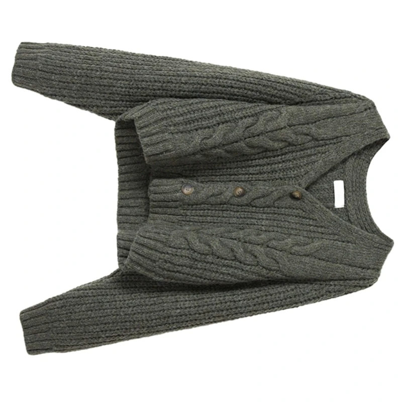 Damen-Strickjacke, langärmelig, V-Ausschnitt, Knopfleiste, Zopfmuster, lockerer Crop-Pullover-Mantel