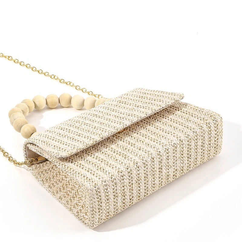 Leisure Holiday Style Women's Handbag Grass Woven Bags Sweet Wooden Beads Handle Vacation Beach Crossbody Bags 2024 New Summer