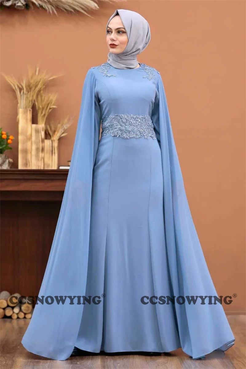 Chiffon muçulmano apliques vestidos de noite manga longa com cabo islâmico vestido de baile de formatura feminino hijab formal vestido de festa robe de soiree