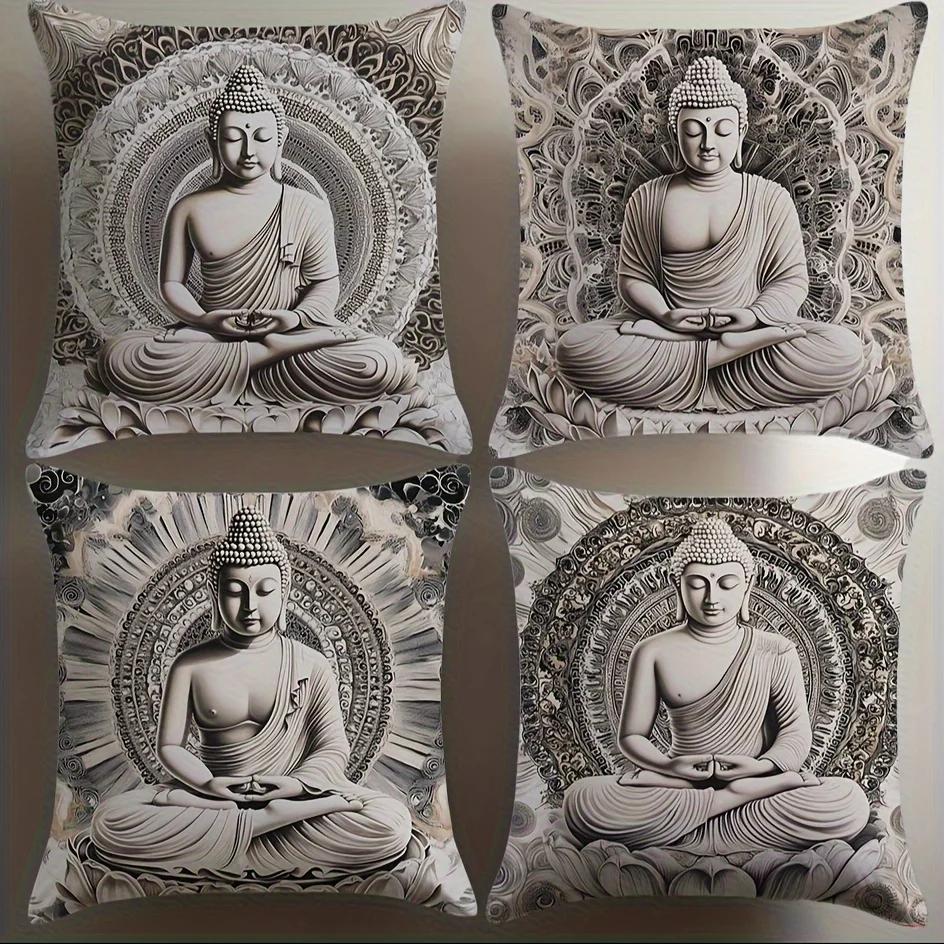 Home Decor Meditating Buddha with Ornate Patterns Pillowcase Pattern Cushion Cover Suitable for Sofa Bedroom Car Pillow Cover