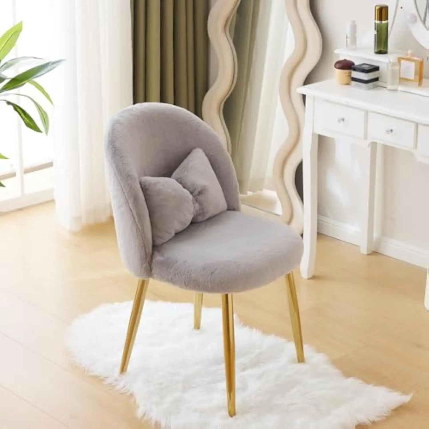 

Fluffy Girls Vanity Chair with Back & Pillow, Cute Small Cozy Desk Chair No Wheels, Comfy Makeup Ch with Ajustable Gold Legs, for