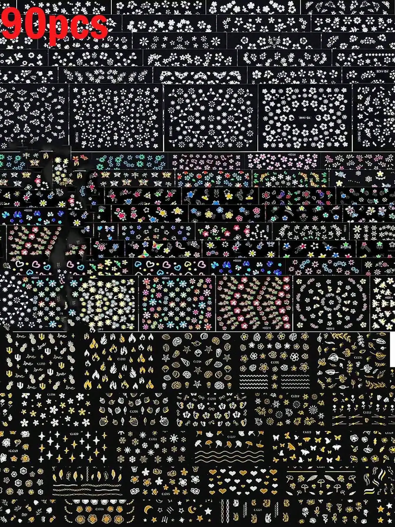 90 Nagelaufkleber fazer kurze Nahgel، 3D selfklemante weiße Blumen-Nagelaufkleber mit Strass-Design، Meerfarbige Laser-Gold-Nagel #2