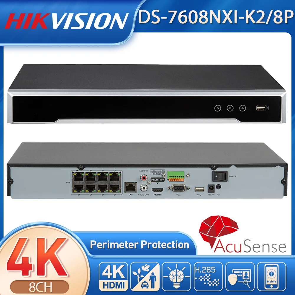 Hikvision AcuSense 4K NVR 8 Channel IP Camera Video Recorder PoE NVR DS-7608NXI-K2/8P 80Mbps Facial Recognition Motion Detection