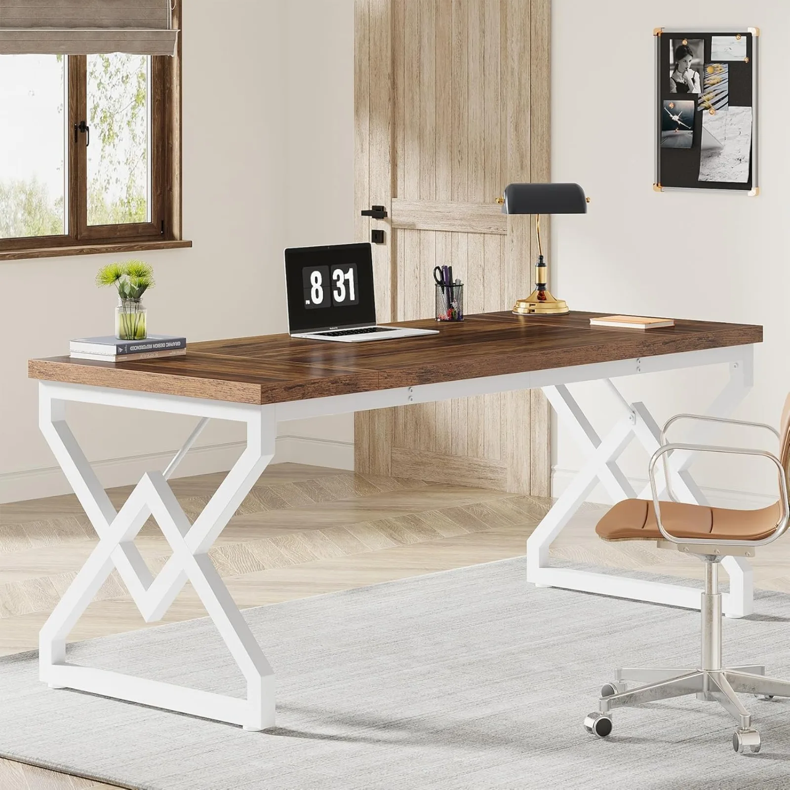 US 63 Inch Executive Desk, Large Office Computer Desk with Extra Thick Wooden Tabletop and Metal Frame, Modern