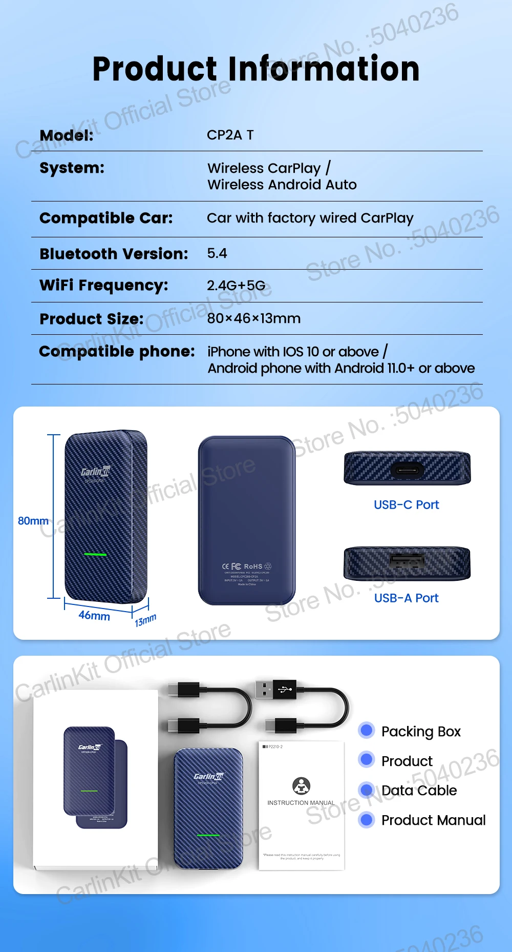 CarlinKit 4.0 CP2A 2-in-1 CarPlay Android Auto Wireless Adapter für kabelgebundene CarPlay-Fahrzeuge BT Wifi 5GHz Online-Upgrade Smart Car Box – Detail 14