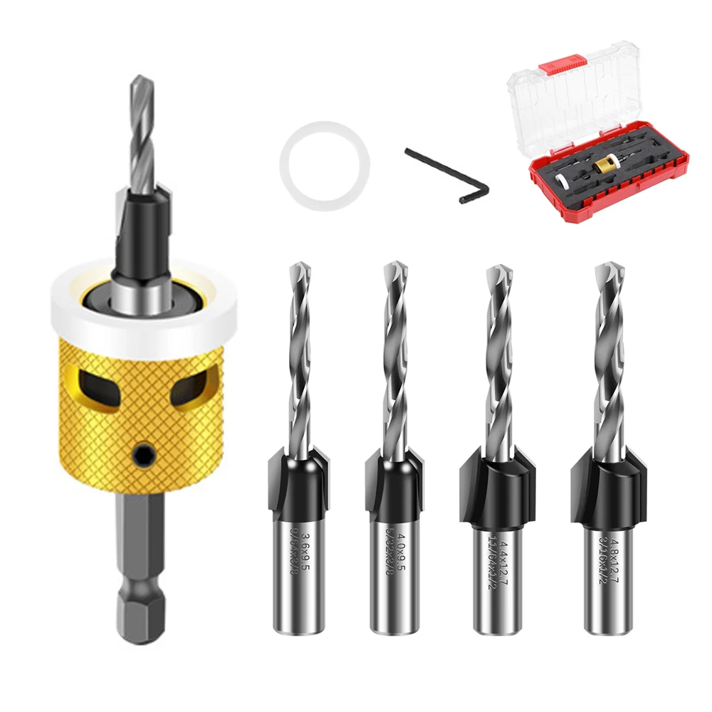 Countersink Drill Bit Set with Depth Stop 6.25mm Shank Quick Change Countersink Router Bit with 4 Replaceable Drill Bits