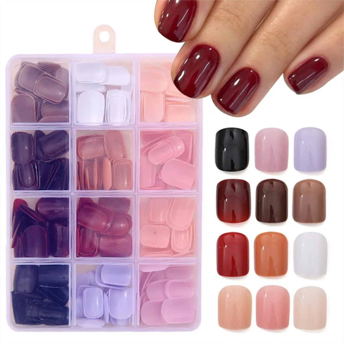 

288 Pcs Press On Nails Short Square Fake Nails Set Solid Color False Nails Full Cover Acrylic Glue on Nails Reusable Glossy