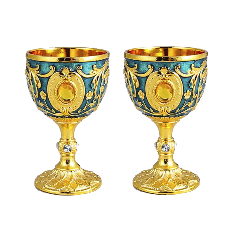 2PcsVintage Holy Grail Medieval Goblet Hand Engraved Metal Wine Glass European Style Home Bar Drinkware Dining Room and Home Dec