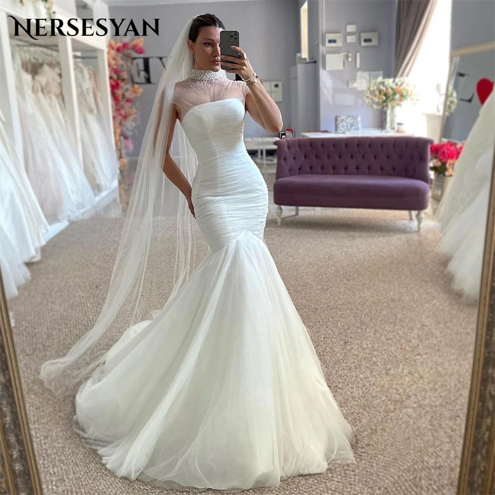 Nersesyan Glitter Mermaid Wedding Dresses High Neck Sleeveless Sparkly Prom Dress Plated Tulle Puff Skirt Princess Bride Dress