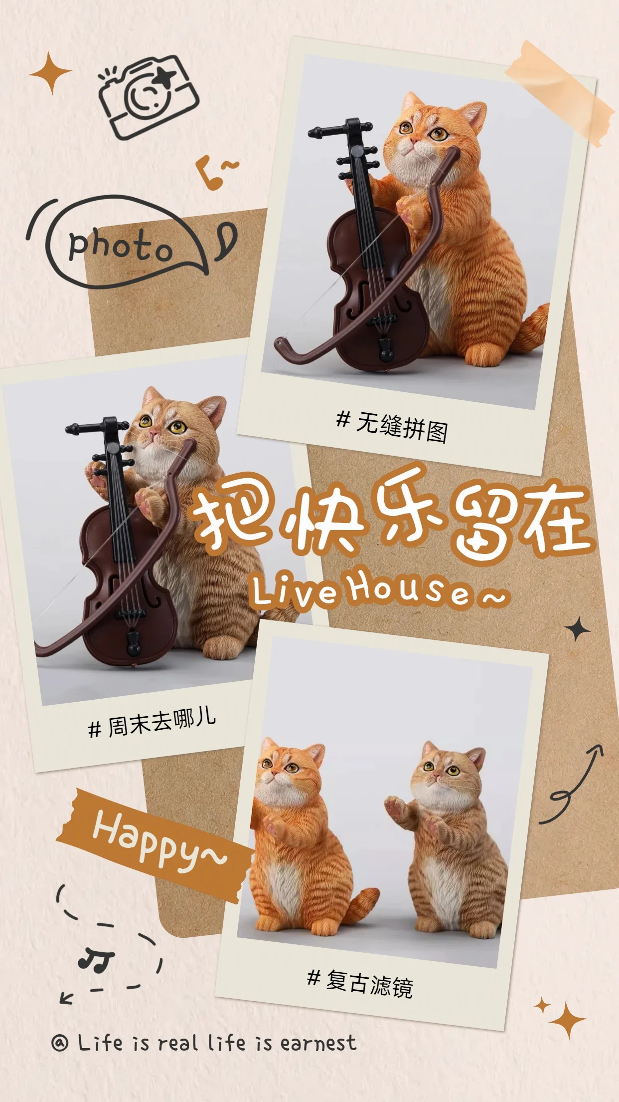 

In Stock JXK261 1/6 Scale String-Playing Cat Figurine Creative Tabletop Ornaments Cute Adorable Pet Cat Accessories For 12'' Toy