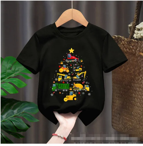 Summer Christmas Kids T-shirt Funny Excavator  Christmas truck print kids T-shirt short sleeve top