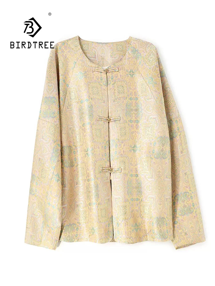 BirdTree-Silk Song Brocade Elegant Coat, O Neck Geometry, Women New Chinese Style Commute Loose Cardigan, 2026 Autumn C6O599CC