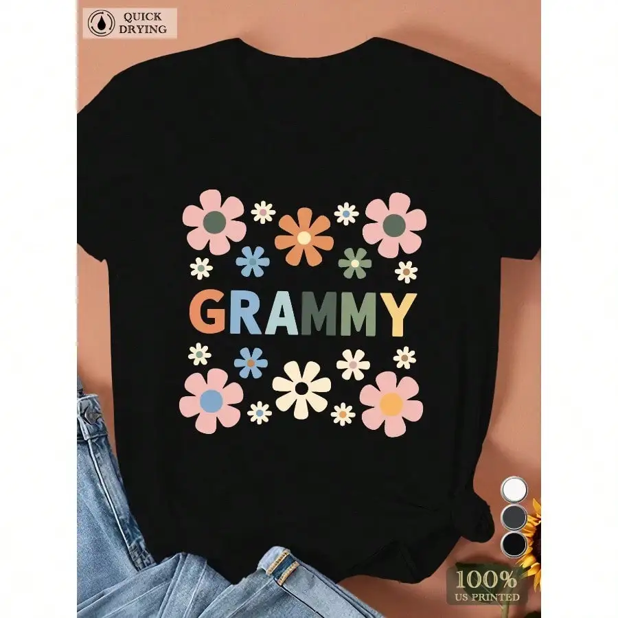 

Women's Floral "GRAMMY" Graphic T-Shirt - Soft, Short Sleeve, Round Neck, Lightweight & Breathable for Spring/Summer/Fall