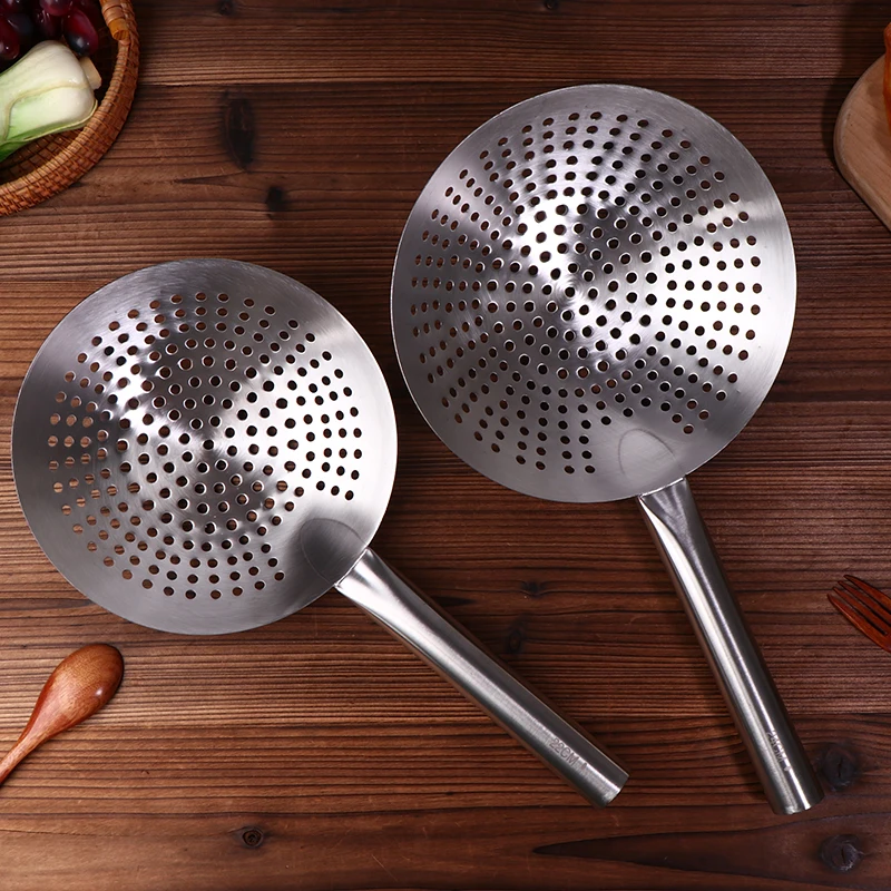 

Утолщенная ложка для лапши из нержавеющей стали, дуршлаг с длинной ручкой, скиммер для масла, сито для еды, сито, скиммер, совок, кухонный инструмент