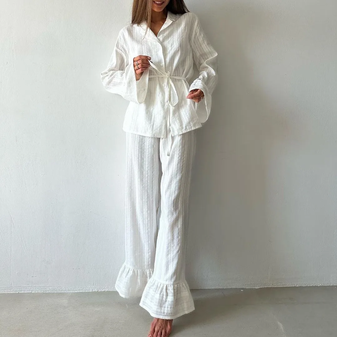 Jacquard Long Sleeve Set with Full Length Long Pants European and American Style Outdoor Loungewear for Women Spring Summer