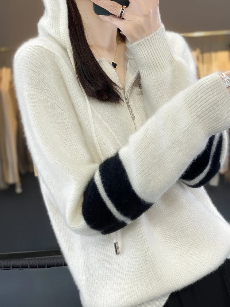 Women's Knitted Hooded Pullover, 100% Merino Wool Garment, Casual Oversized Sweater, Korean Fashion Jacket, Tops, Autumn, Winter