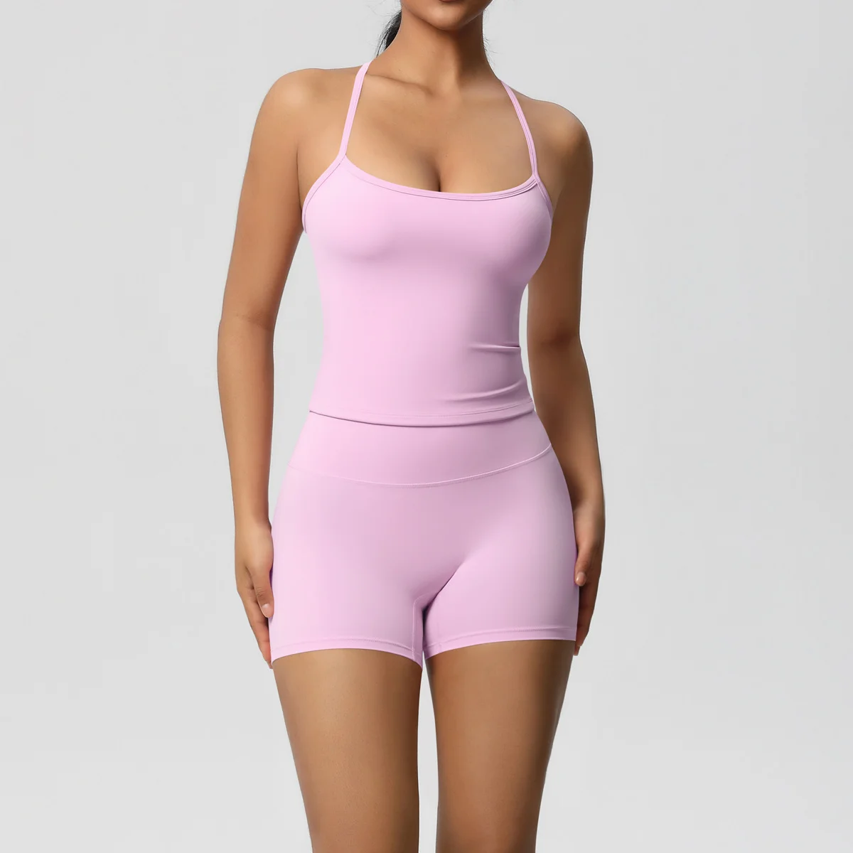 Langes Trägerloses Top-Set Yoga Gym Set Nahtloser Rückenfreier Sport-BH Tops Tanktop Hüftlift-Leggings Gym-Shorts-Sets Sportset – Detail 1