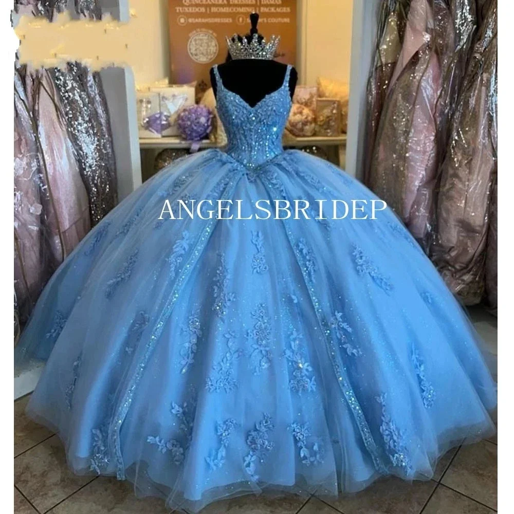 Angelsbridep-Vestidos Princesa Beading Quinceanera, vestido de baile azul, cintas de espaguete, renda, doce 16, 15 anos