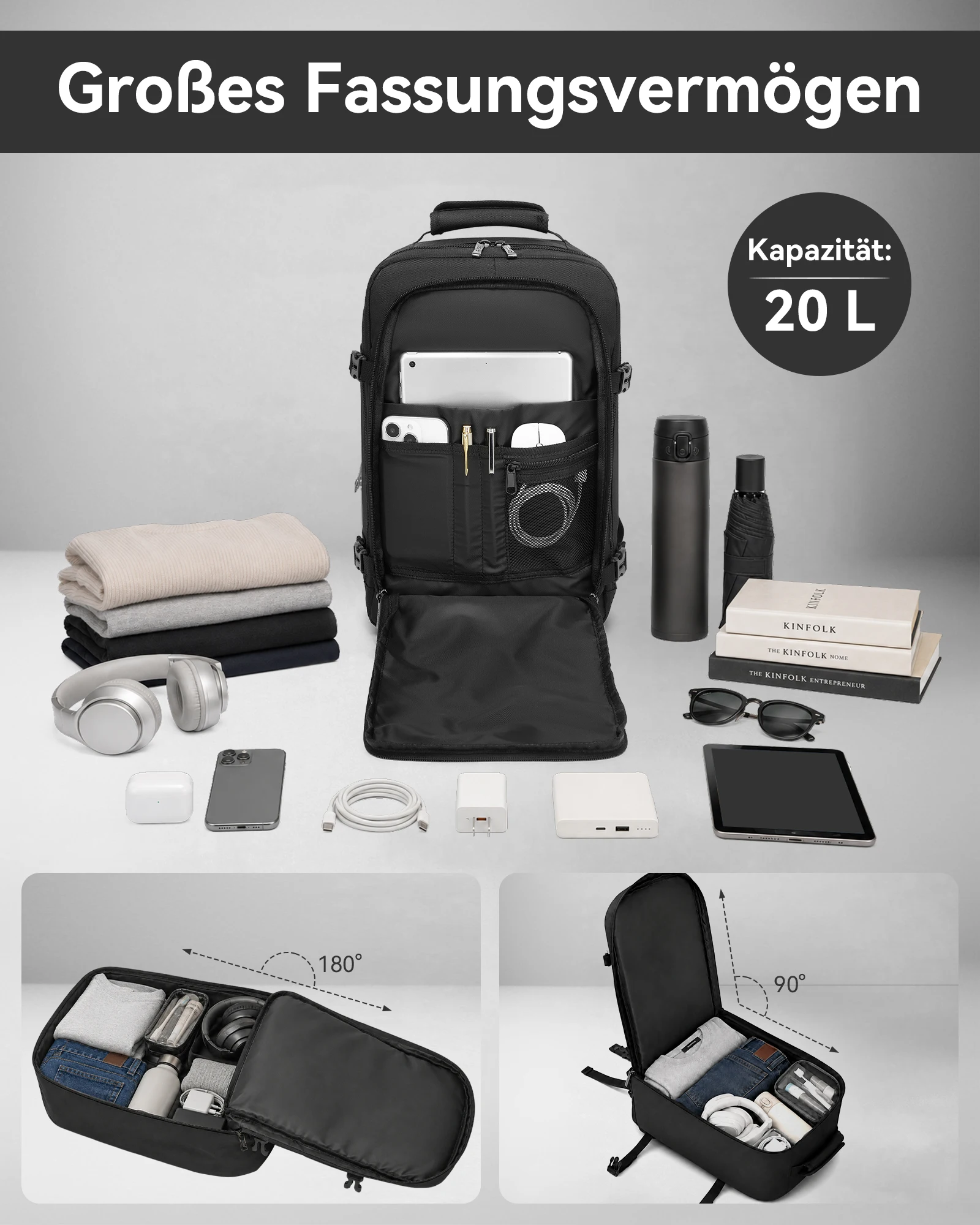 Kono Handgepäck-Rucksack 40x20x25 cm, 20L Flugrucksack für 15,6-Zoll-Laptop, Reiserucksack passend für Ryanair, Vueling, Wizz Air