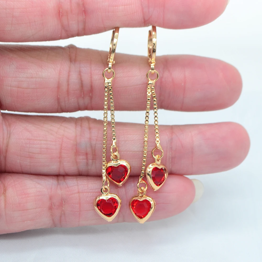 Gold Color Women Fashion Red CZ Heart Drop Tassel Earrings Jewelry