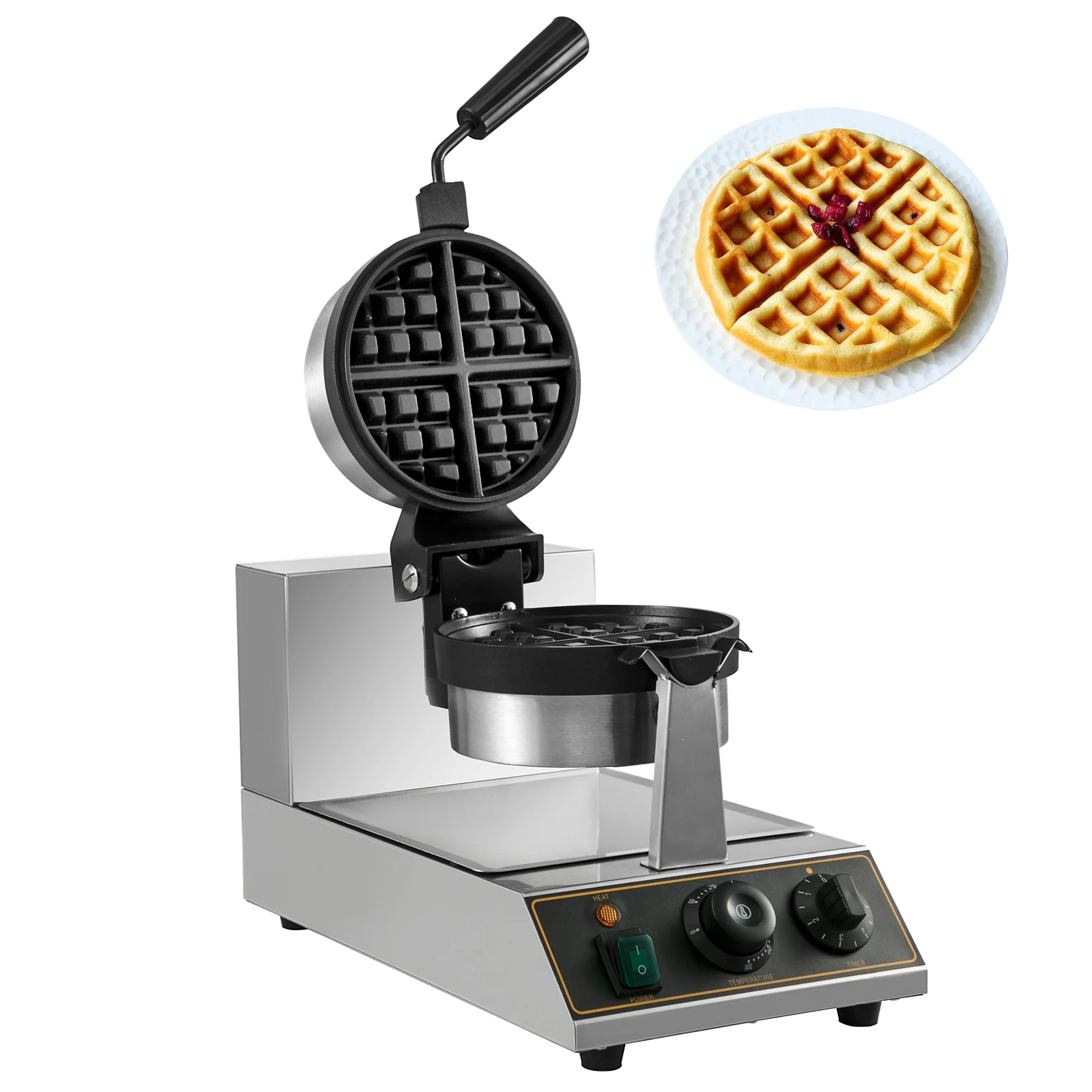 VEVOR Gaufrier Électrique Rond 1100W Machine à Gaufre Antiadhésif à 180° Appareil de Cuisson Gâteaux