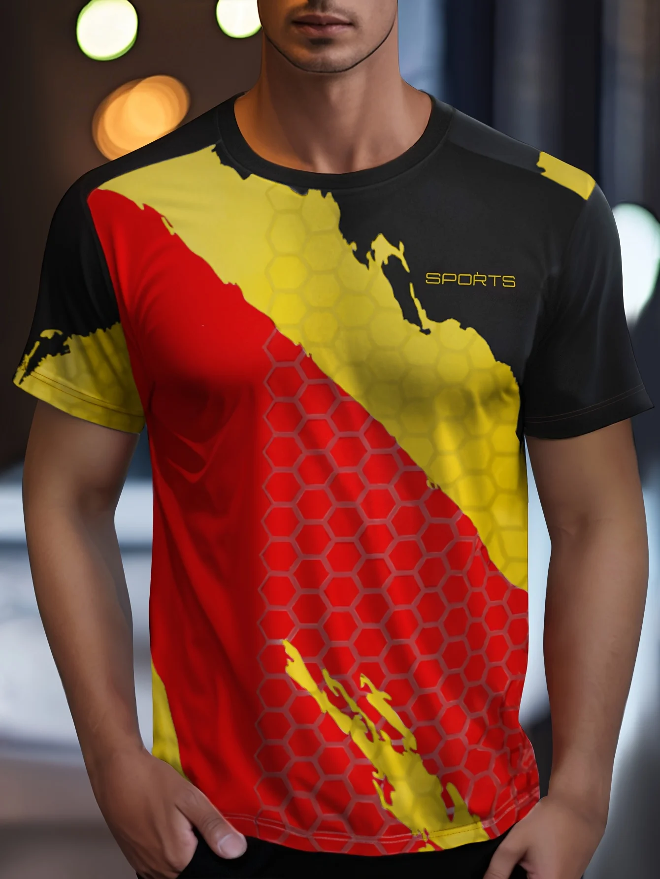 Men Sports T‑Shirt 3D Honeycomb Hexagon Print Quick Dry Athletic Tee Black Red Yellow Color Block Short Sleeve Gym Running Top