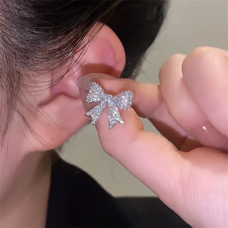 Trend Zircon Crystal Bow Ear Bone Clip Non-Pierced Earring Gold Silver Color Ear Cuff for Women Girls Aesthetic Jewelry