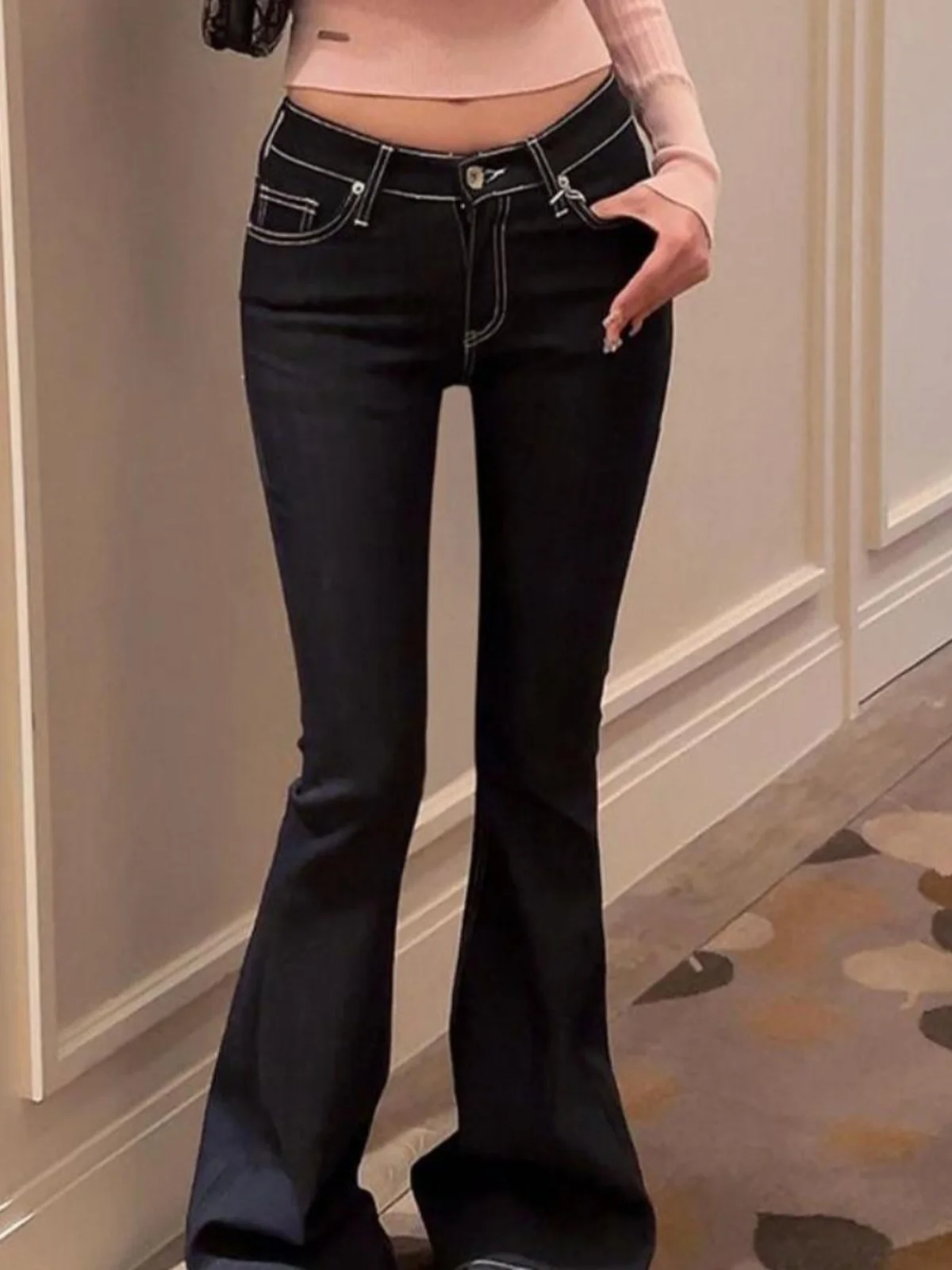 

Deep Blue Low Waist Stitched Denim Jeans Women's Spring Autumn New Elastic Slimming Fashion Micro Flared Floor-Length Pants