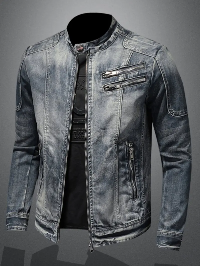 2026 Spring and Autumn New American Retro Style Men's Loose Casual Motorcycle Stand Collar Zipper Blue Denim Jacket