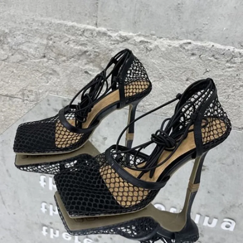 

Sexy Mesh Pumps Sandals Female Square Toe High Heel Lace Up Cross-Tied Stiletto Hollow Dress Shoes Zapatos Mujer，Big Size Shoes