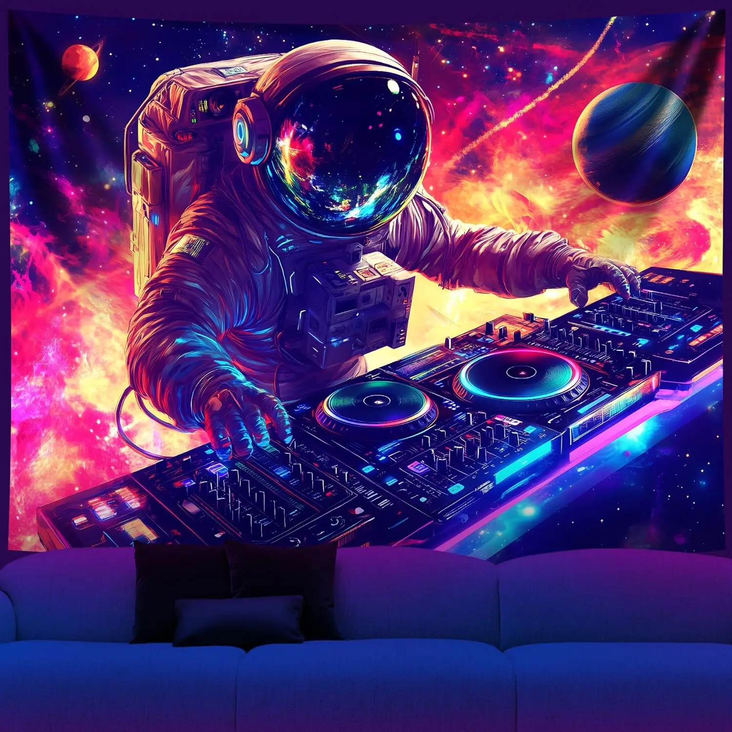 Cosmic Astronaut DJ Music Tapestry Retro Neon Space Wall Art Poster Science Fiction Party Backdrop Decoration Home Decor