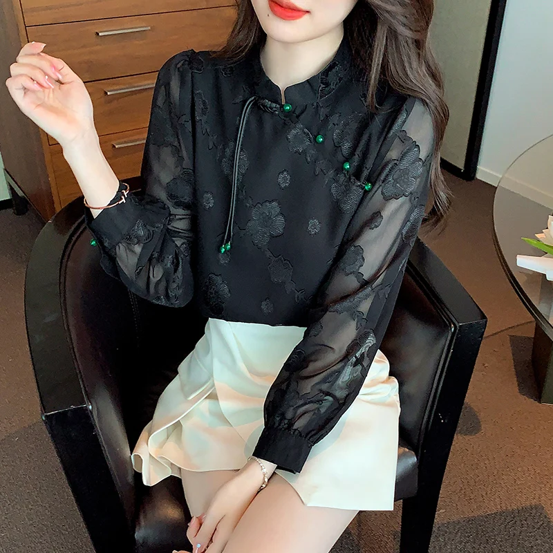 2024 spring flower white black tops tang costume chinese style shirts traditional qipao cheongsam blouse for lady female