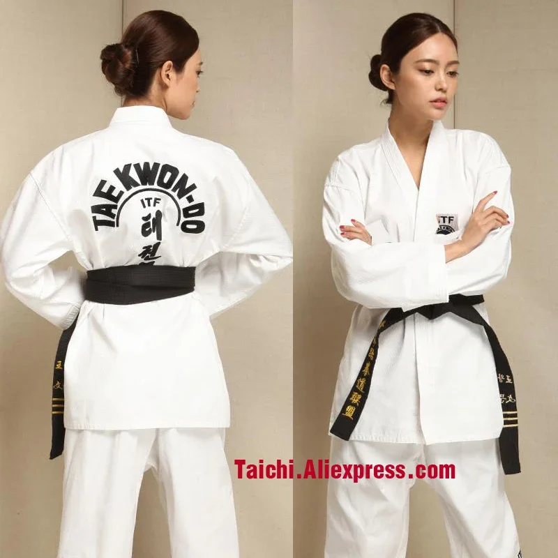 Martial Arts TKD Tae Kwon Do Korea V-neck Adult & Children Taekwondo Dobok for Poomsae & Training,WTF Uniform,160-190cm  white
