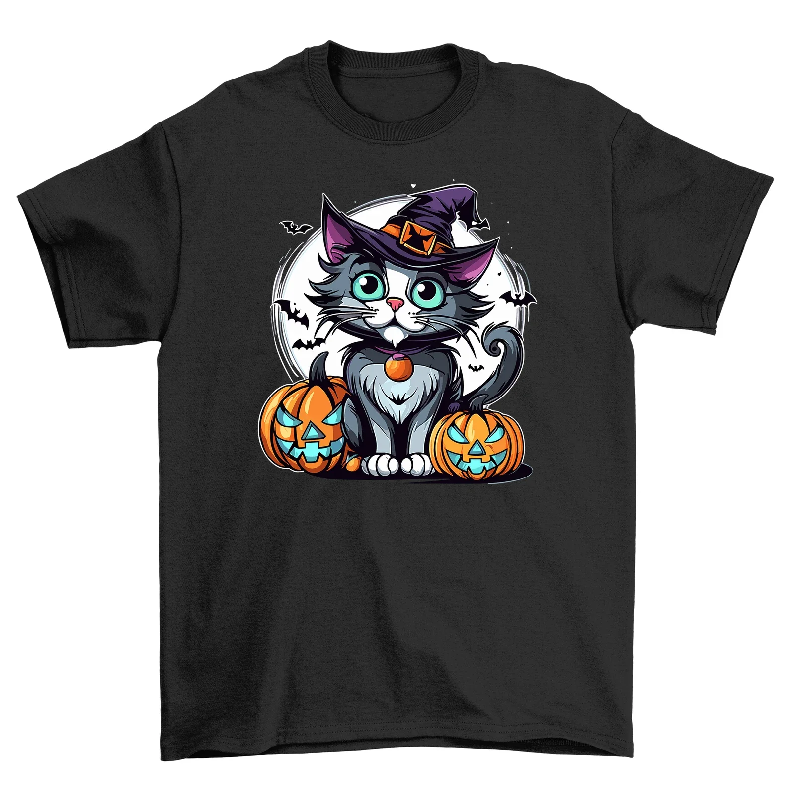 

Cute Witch Cat Sitting with Pumpkins Halloween Graphic T-Shirt Unisex Cotton Short Sleeve Tee
