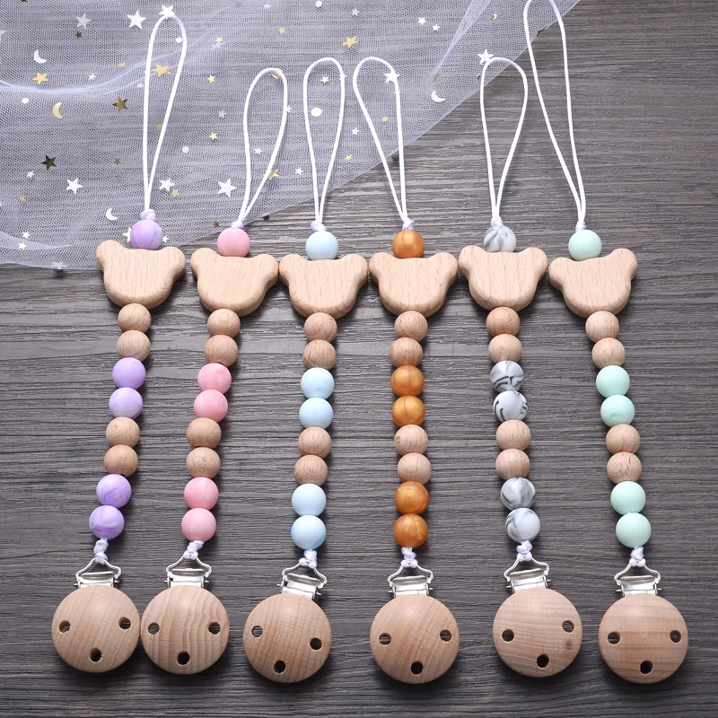 Baby Silicone Round Beads Pacifier Chain Wooden Pacifier Holder Clip For Baby Nursing Chewing Toys Shower Gift Nipple Chain