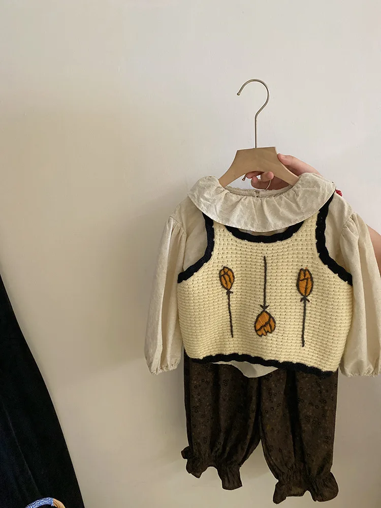 Girls Suit 2024 Autumn New Childrens Wear Korean Style Baby Girl Knit Halter Doll Collar Shirt Two-piece Set Simple Daily image 6