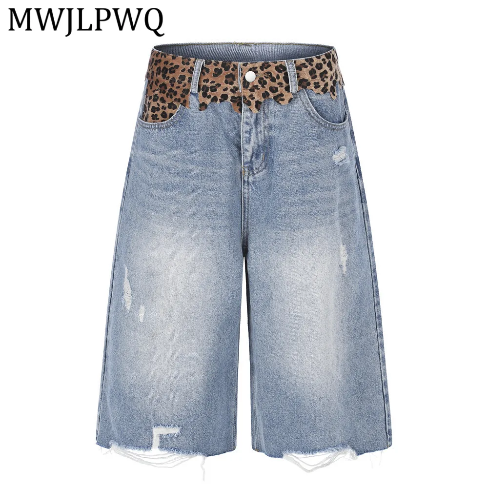 MWJLPWQ Leopard Print Patchwork Denim Shorts For Men Summer Vintage Street Style Distressed Holes Washed Wide Leg Pants 16696