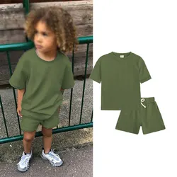 2pcs Boys Casual Cotton T-Shirts Round Neck Short Sleeve Tees Top & Elastic Waist Drawstring Shorts Set Kids Summer Clothes