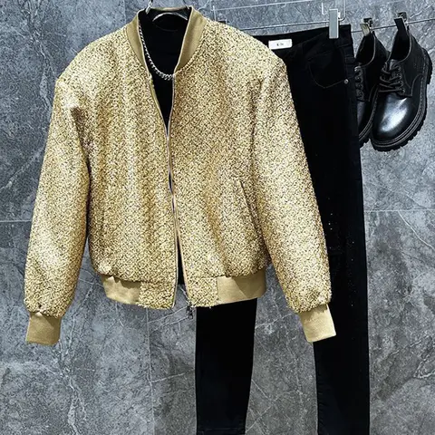 Trendy Gold Shiny Jacket For Men Autumn Stand Up Collar Woven Baseball Jackets American Casual Fashion Party Male Coat